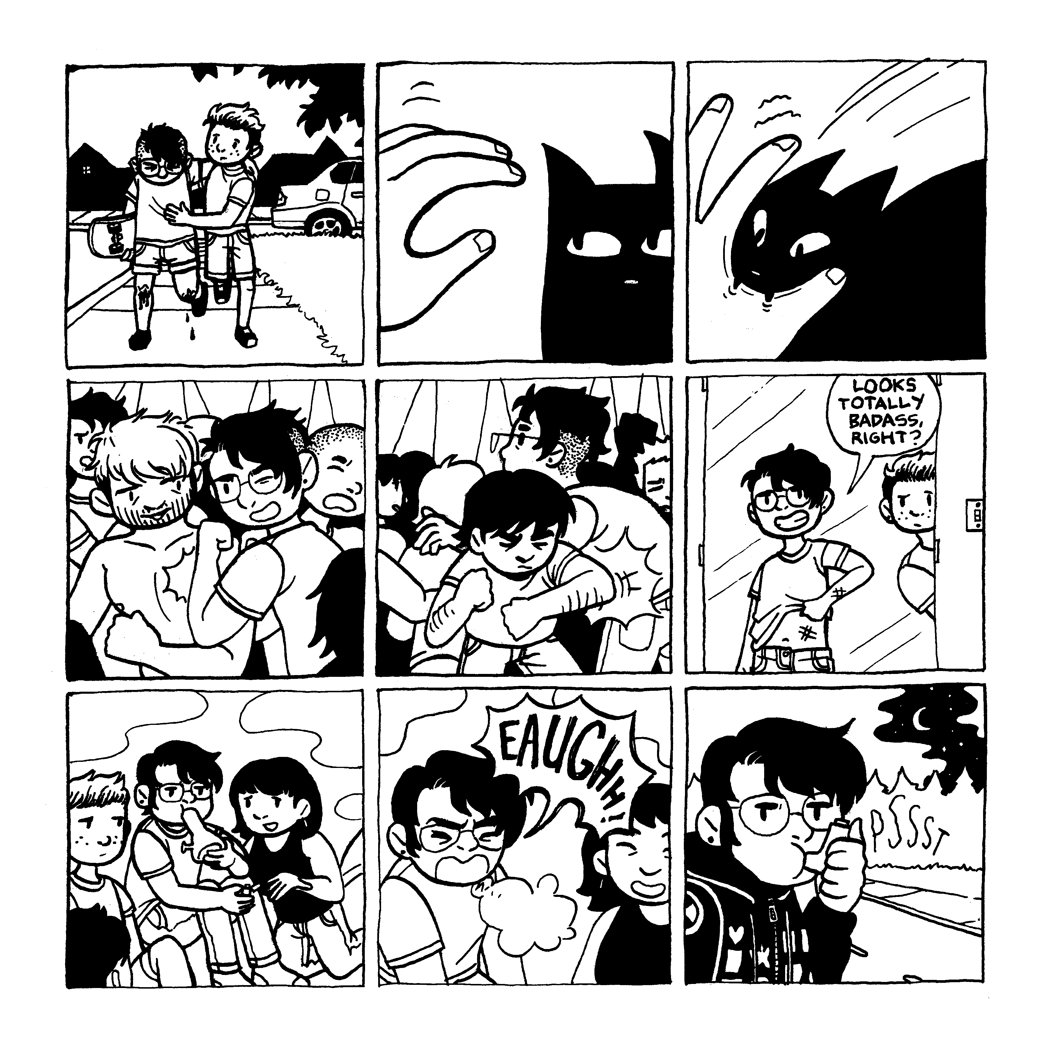 A page from a black-and-white comic. Nine panels are arranged in a three-by-three grid. In the first panel, Harper is holding a skateboard under one arm and has bloodied knees. Their friend partially holding them upright. In the second and third panels, Harper attempts to pet a black cat only to be bitten. In the fourth and fifth panels, Harper is hit in the stomach while moshing. In the sixth panel, they show off the resulting bruise to their friend. In the seventh and eighth panels, they hit a bong and then cough. In the ninth panel, they walk down the street at night taking a puff of their inhaler.